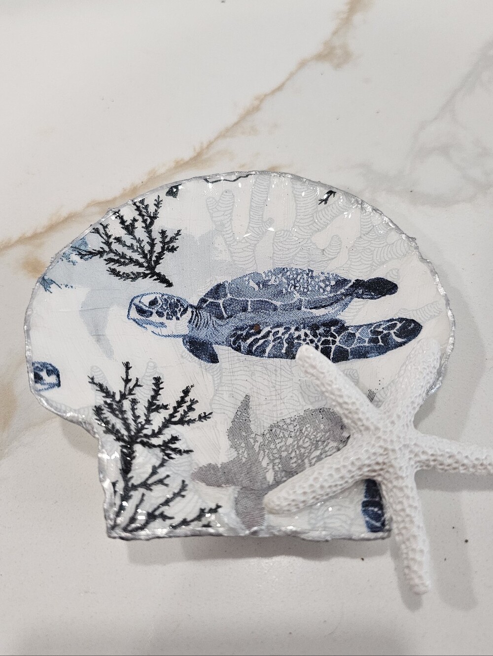 Handmade Sea Turtle Decoupage Scallop Shell Trinket Dish w/Stand & Starfish